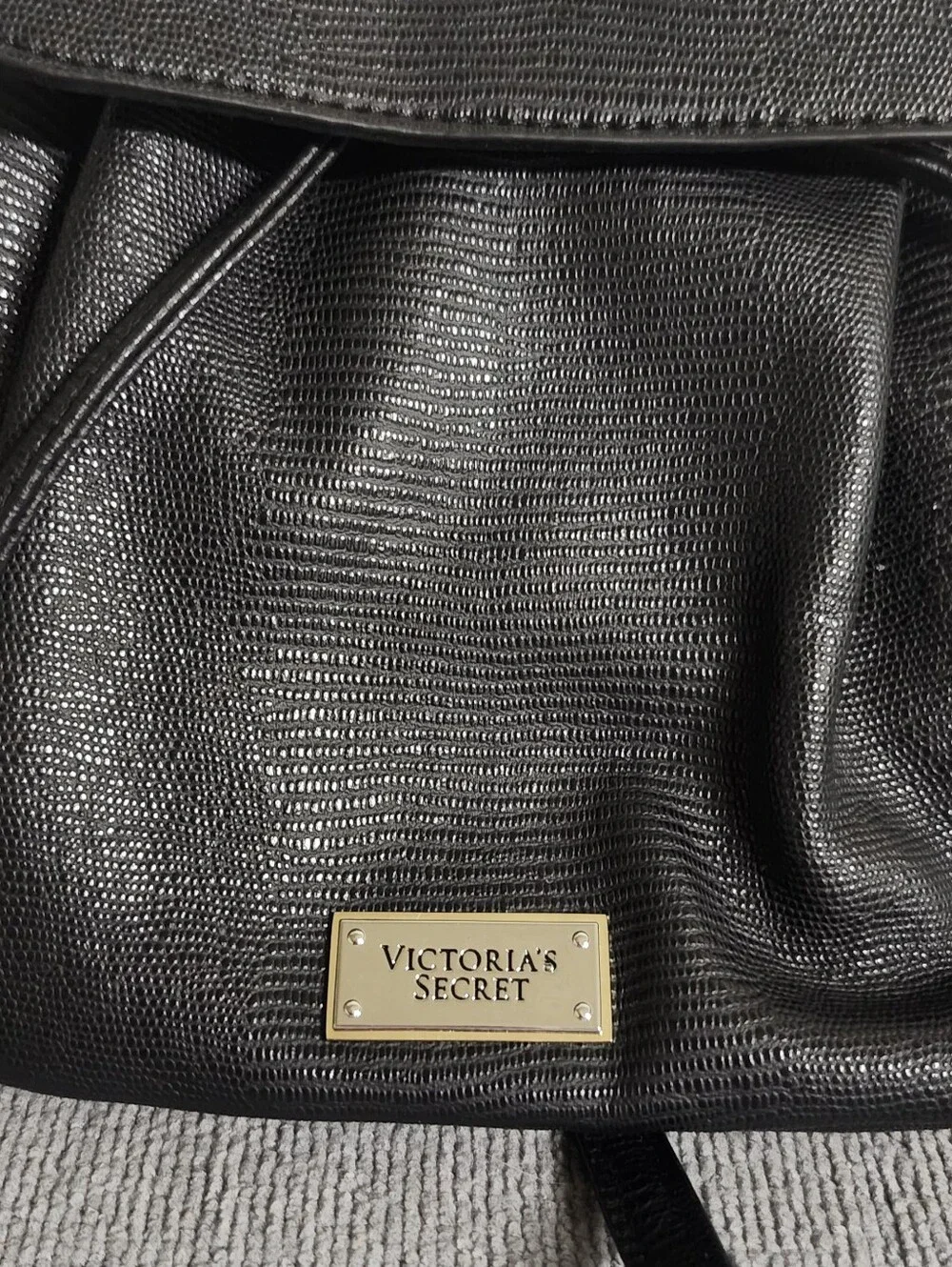 Victoria's Secret Black Textured Mini Backpack with Gold Logo Plate